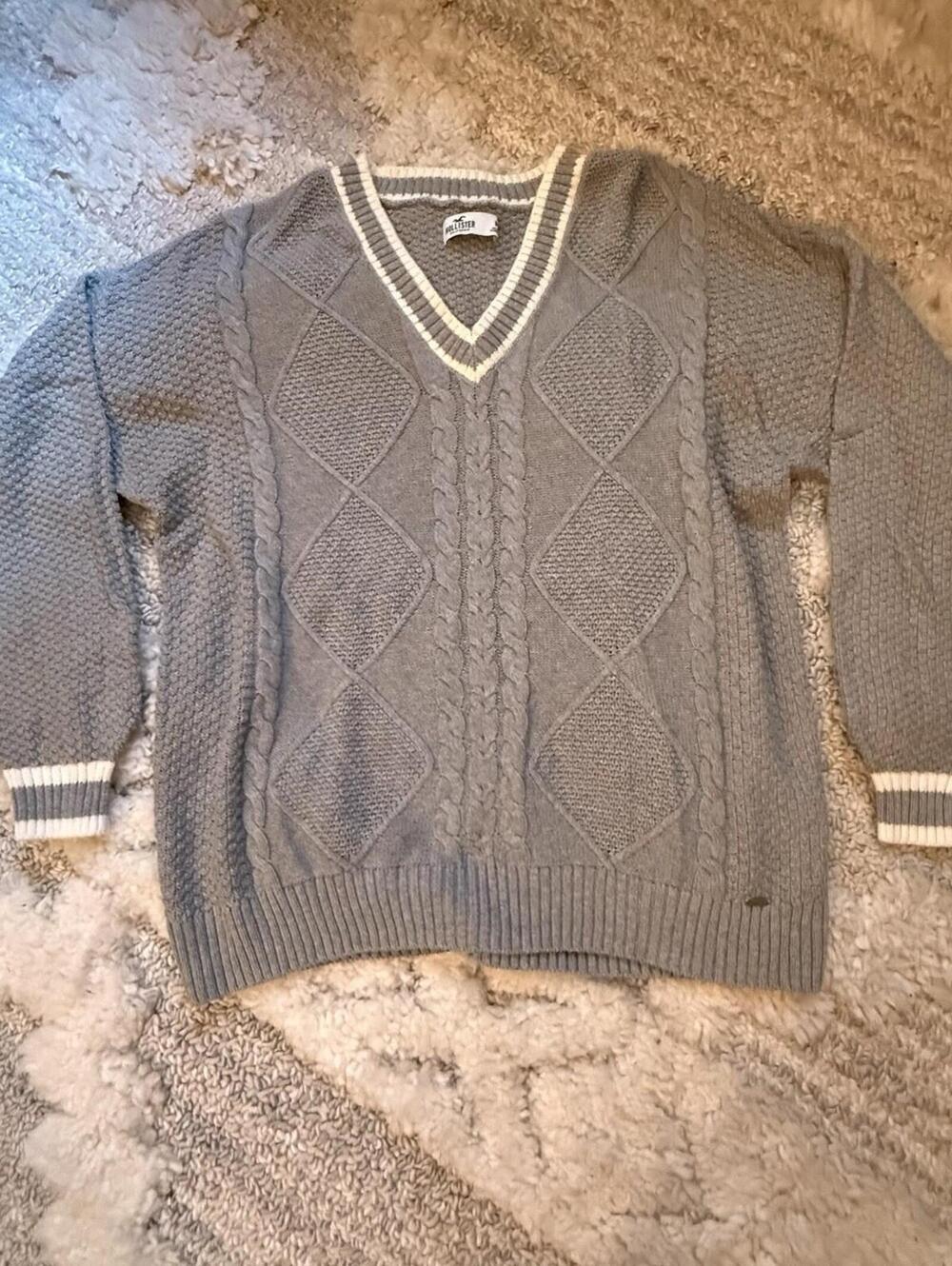Hollister Cable Knit Sweater Gray/white Sz Medium Preppy